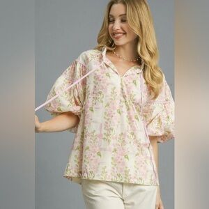 Umgee Floral Print Puff Sleeve Tie Neck Blouse